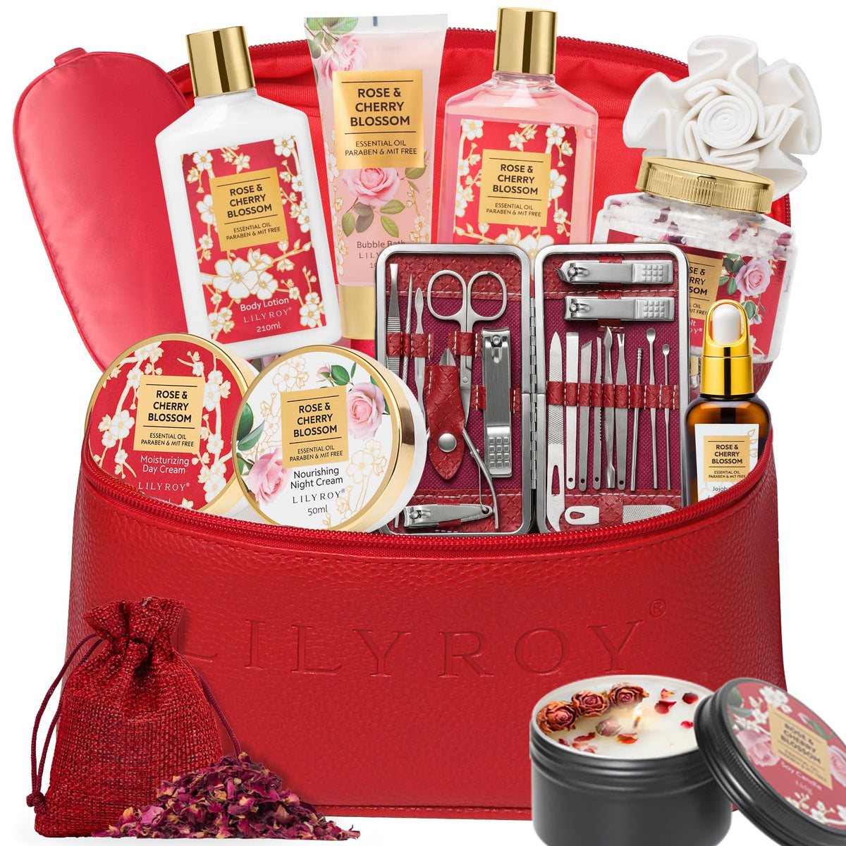 LILY ROY 32Pcs Spa Gift Set in woven basket with products arranged
