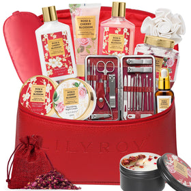 LILY ROY 32Pcs Spa Gift Set in woven basket with products arranged