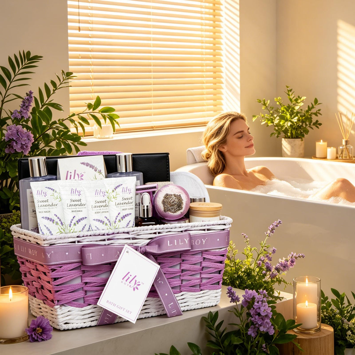 LILY ROY bath fizzer and clay mask in spa basket