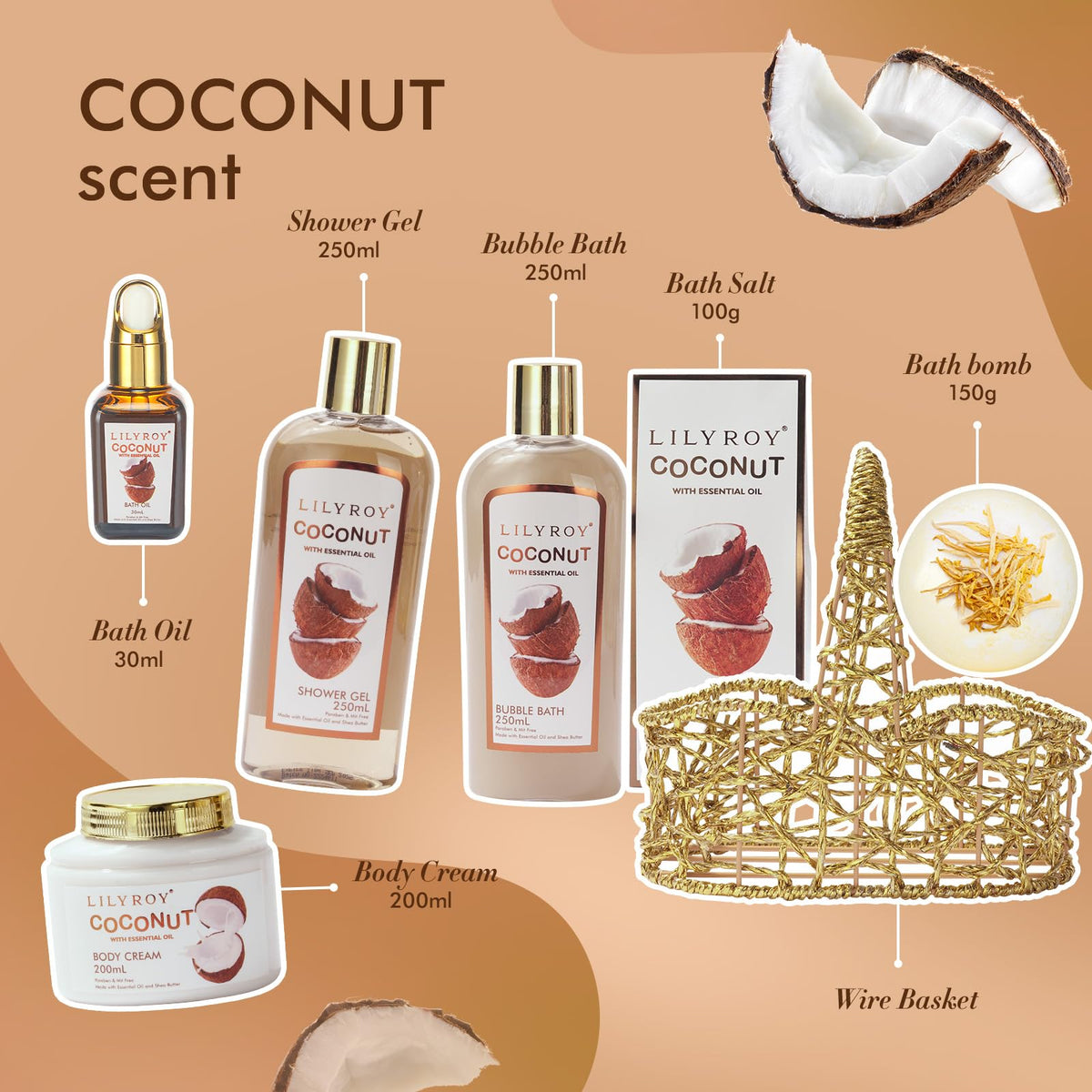 LILY ROY Coconut Spa Gift Basket containing body cream and bath bomb