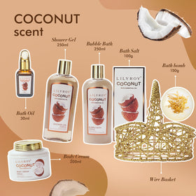 LILY ROY Coconut Spa Gift Basket containing body cream and bath bomb