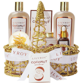 LILY ROY Coconut Spa Gift Basket front view with products arranged