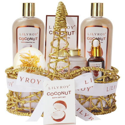 LILY ROY Coconut Spa Gift Basket front view with products arranged
