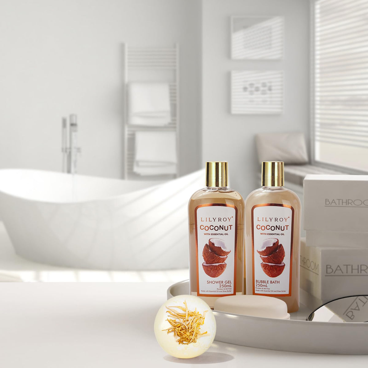 LILY ROY Coconut Spa Gift Basket with bath salts displayed