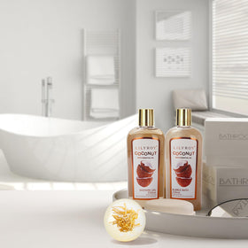 LILY ROY Coconut Spa Gift Basket with bath salts displayed