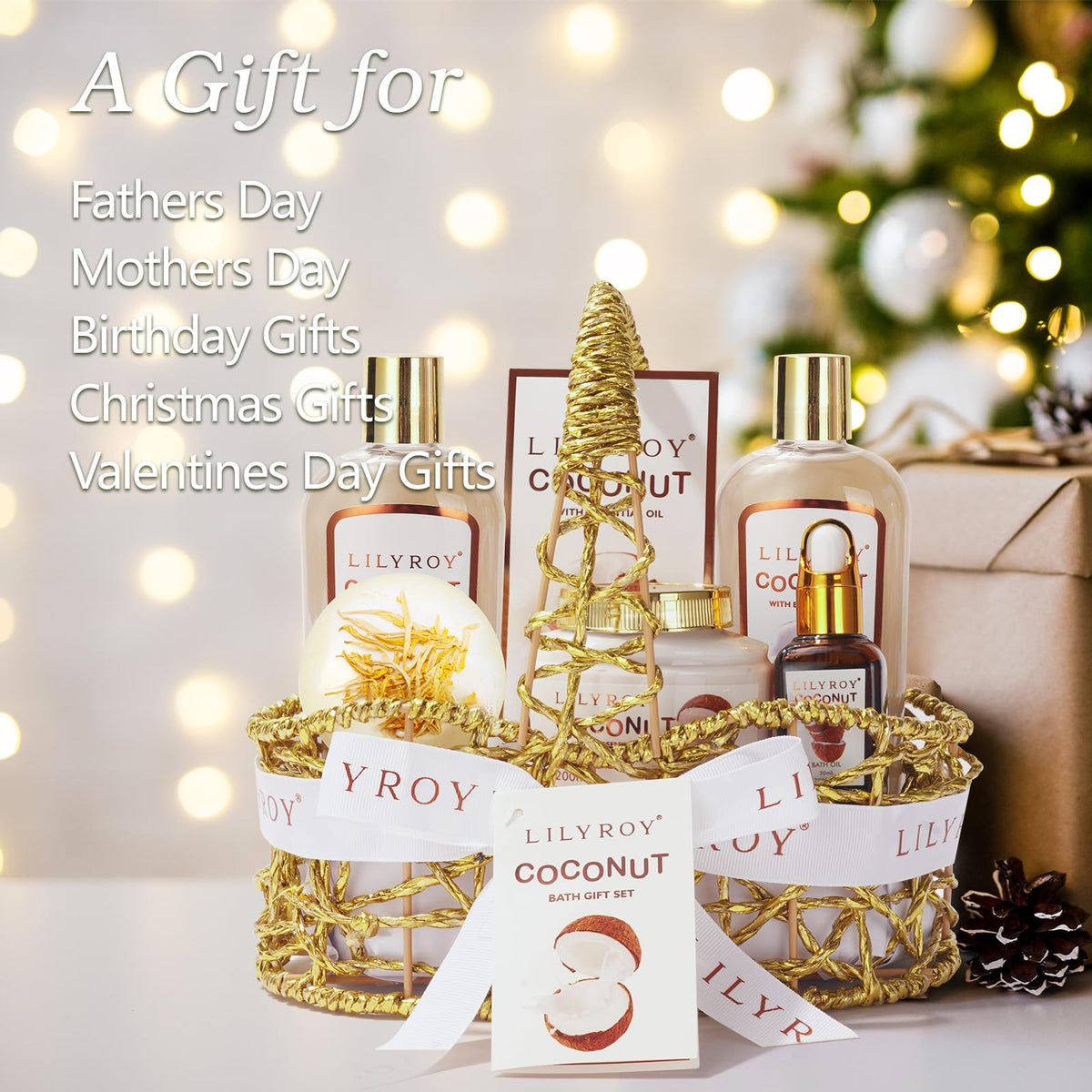 LILY ROY Coconut Spa Gift Basket with shower gel and bubble bath