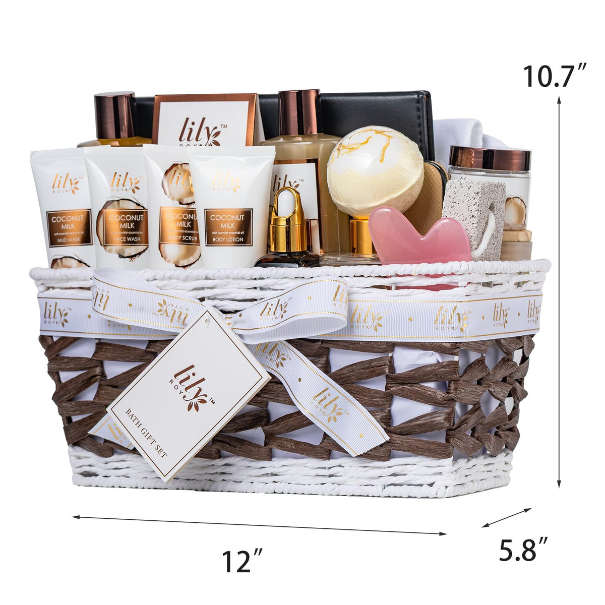 LILY ROY Coconut Vanilla Spa Gift Basket gift presentation with note card