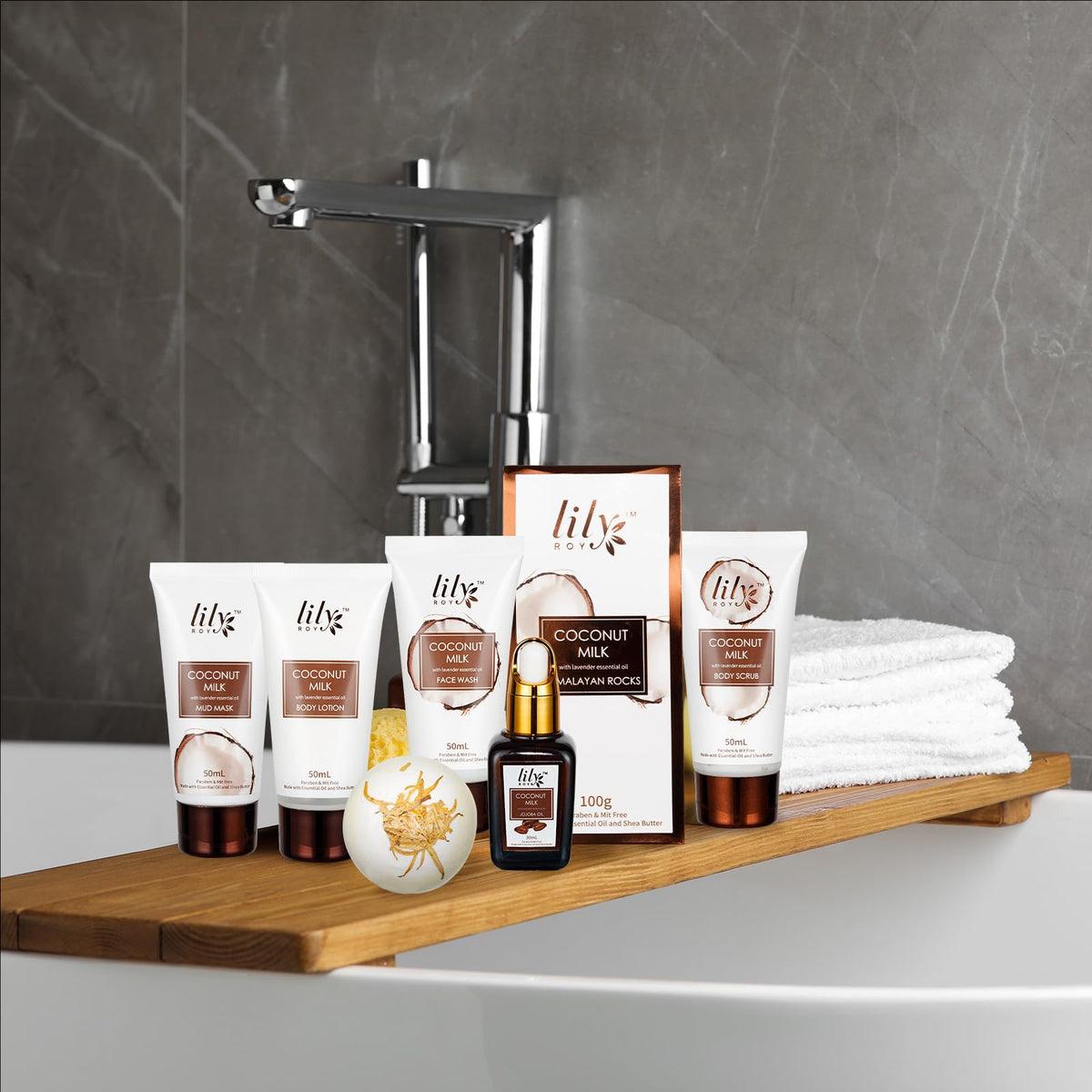 LILY ROY Coconut Vanilla Spa Gift Basket with woven storage basket