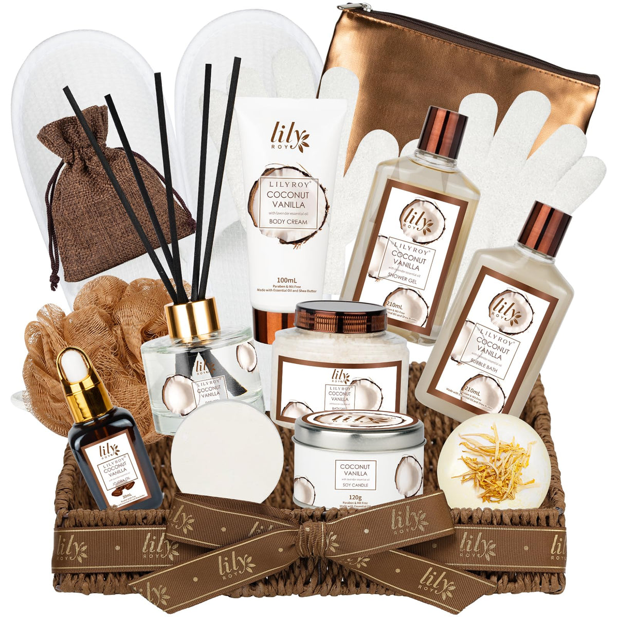 LILY ROY Coconut Vanilla Spa Gift Set 17-piece basket view