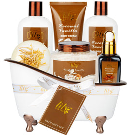 LILY ROY Coconut Vanilla Spa Gift Set arranged in a plastic bath tub