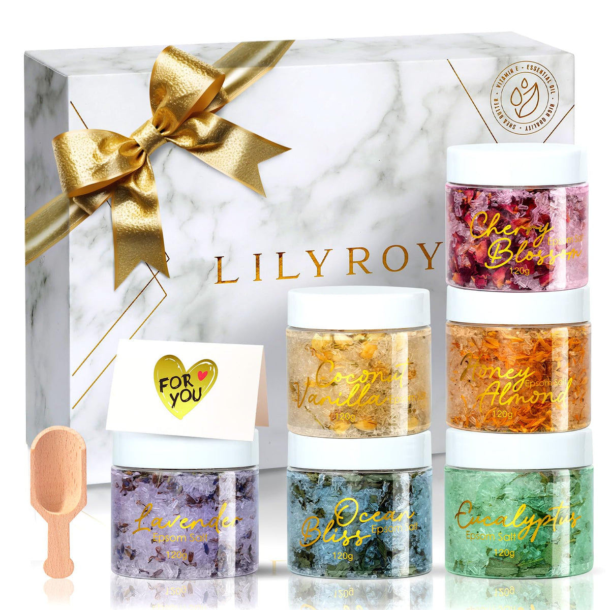 LILY ROY Epsom Salt Gift Set with dried flowers and packaging