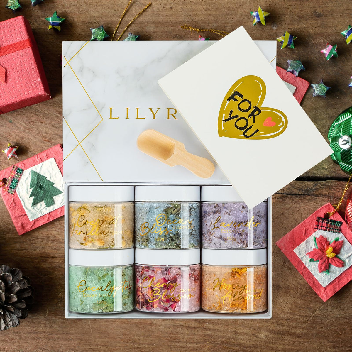 LILY ROY Epsom Salt packaging with floral accents