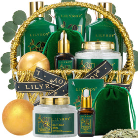 LILY ROY Eucalyptus Spa Bath Gifts Set arranged in a woven basket