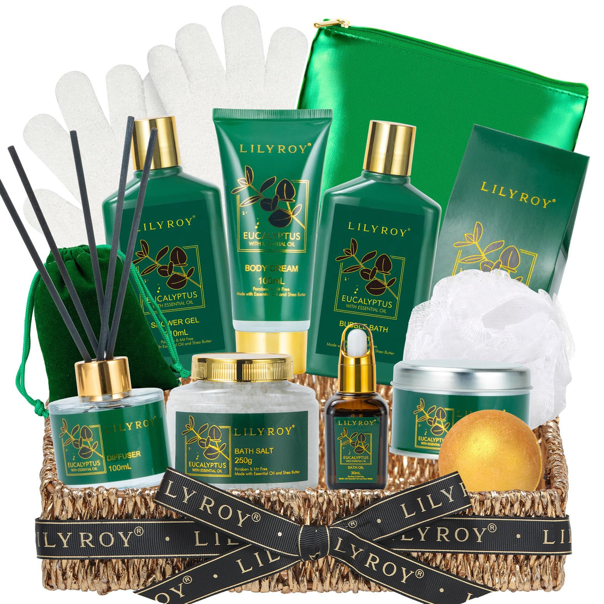 LILY ROY Eucalyptus Spa Gift Set 15-Piece in woven basket