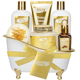LILY ROY Honey Almond Spa Gift Set arranged in a woven basket