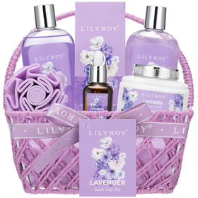 LILY ROY Lavender Spa Gift Set in woven basket with products arranged
