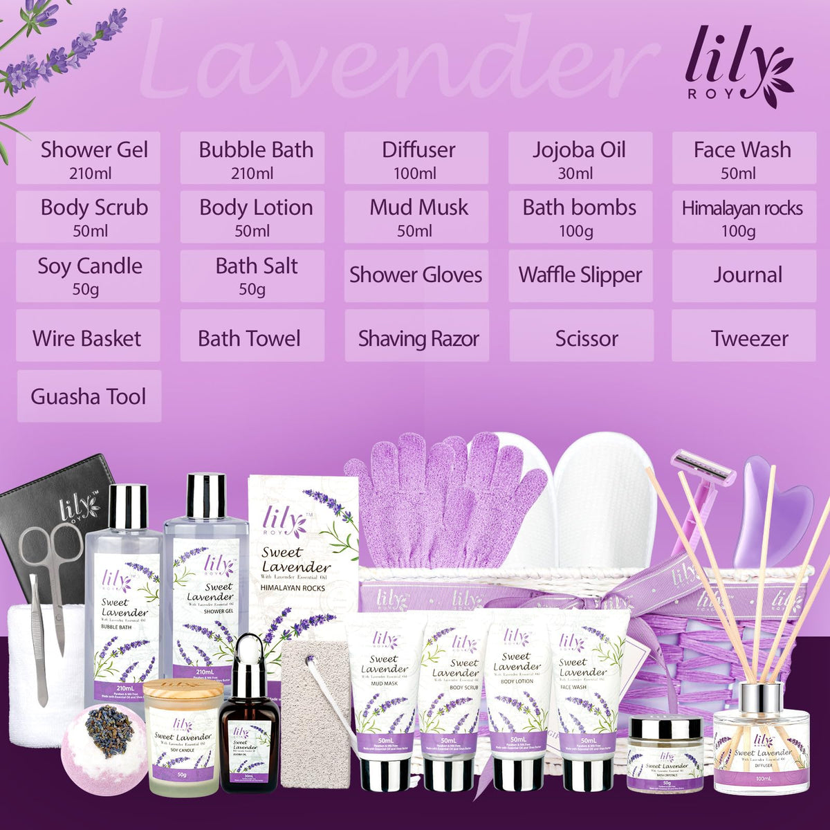 LILY ROY spa basket with soy candle and bath crystals