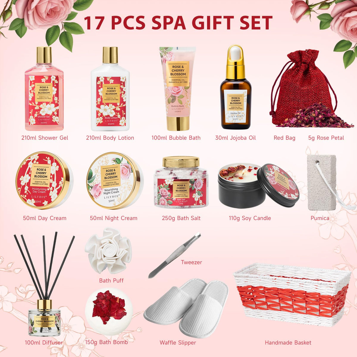 LILY ROY Spa Gift Basket with Soy Candle and Diffuser