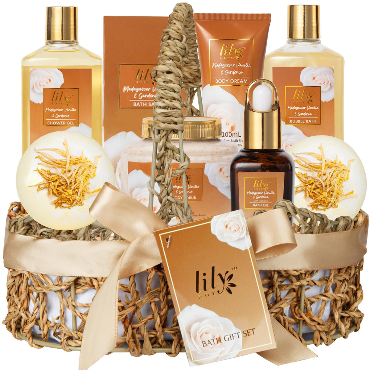 LILY ROY Vanilla Spa Gift Set 9-Piece arranged in a handwoven basket