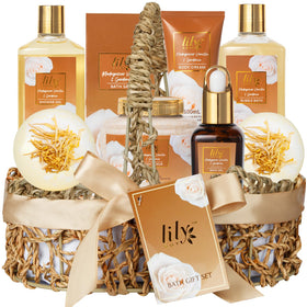 LILY ROY Vanilla Spa Gift Set 9-Piece arranged in a handwoven basket