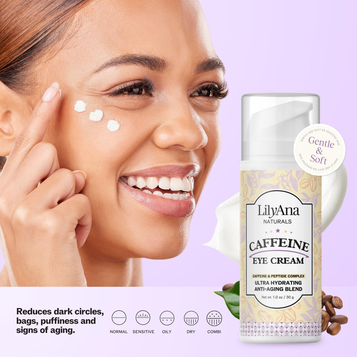 LilyAna Naturals Caffeine Eye Cream application on skin