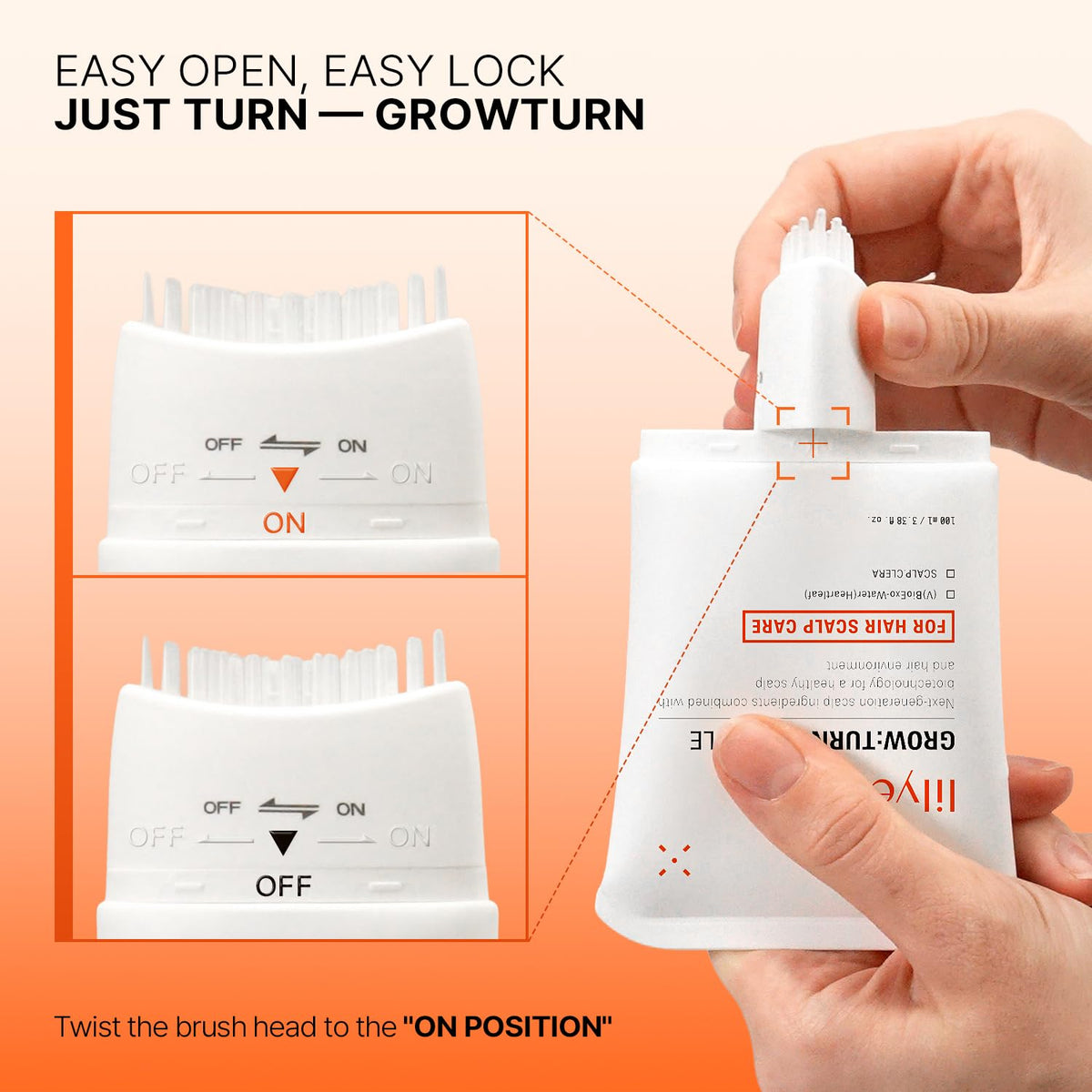 lilyeve GROWTURN Hair Growth Serum bottle with brush open