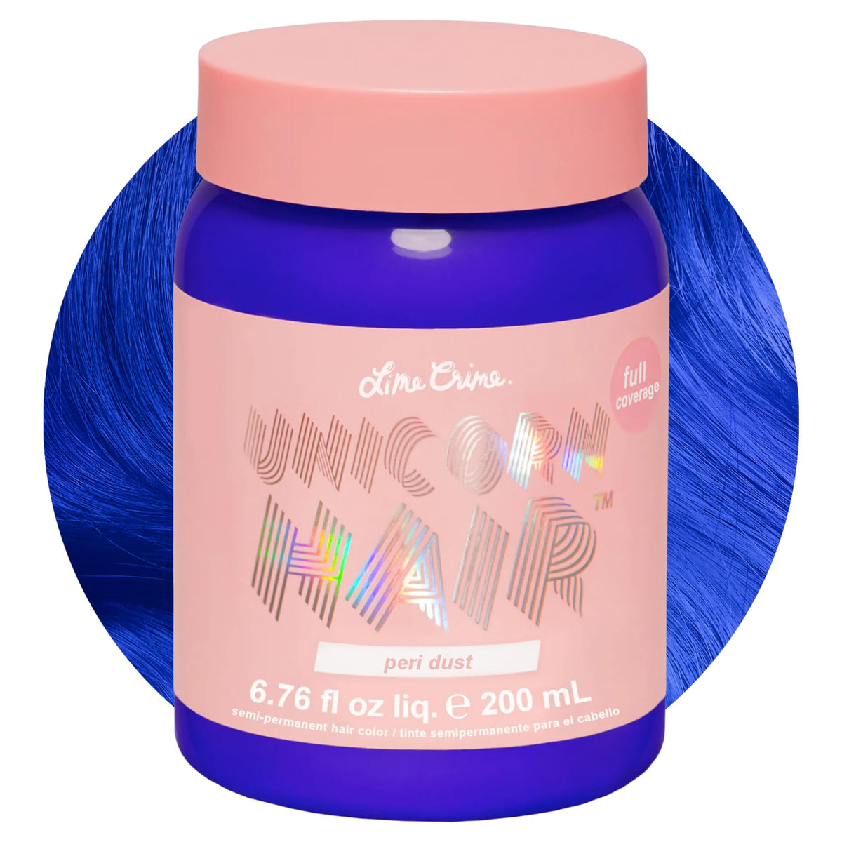 Lime Crime Unicorn Hair Dye Peri Dust front view with vibrant blue colour