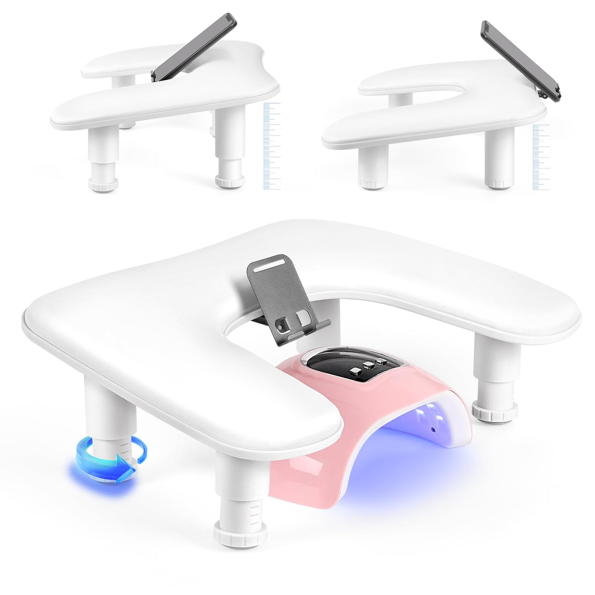 LIONVISON Adjustable Height Arm Rest front view with built-in phone holder