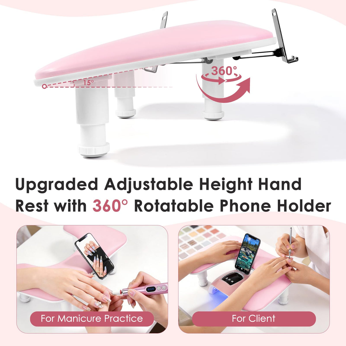 LIONVISON Arm Rest for Nails side view showing adjustable height feature
