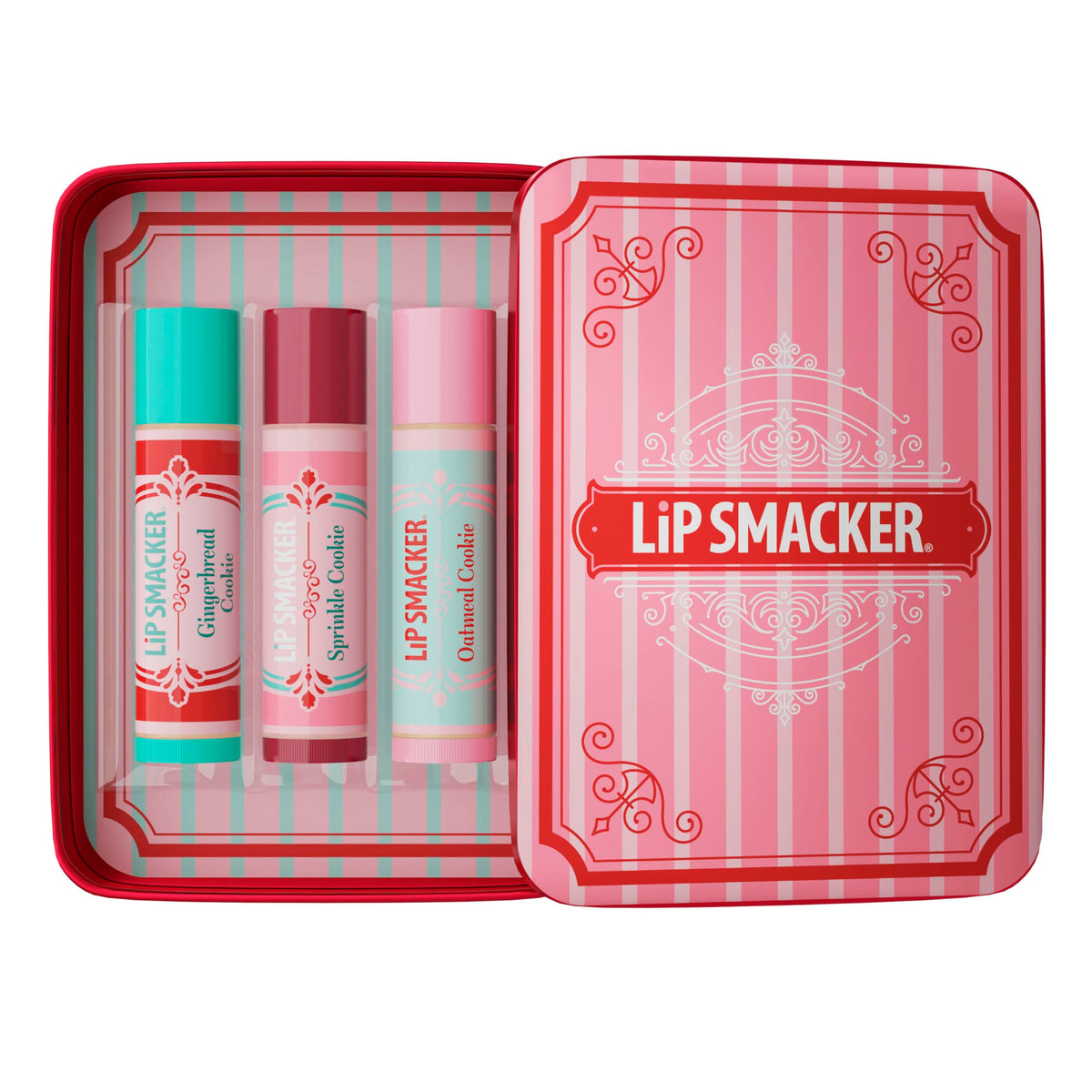 Lip Smacker Holiday Lip Balm Trio Tin featuring gingerbread, sprinkle, and oatmeal cookie flavours