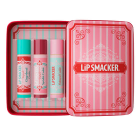 Lip Smacker Holiday Lip Balm Trio Tin featuring gingerbread, sprinkle, and oatmeal cookie flavours