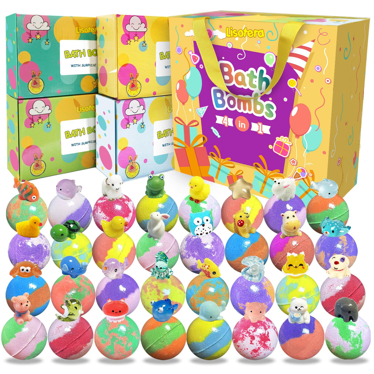 Lisotera 32 pack bath bombs in colourful packaging
