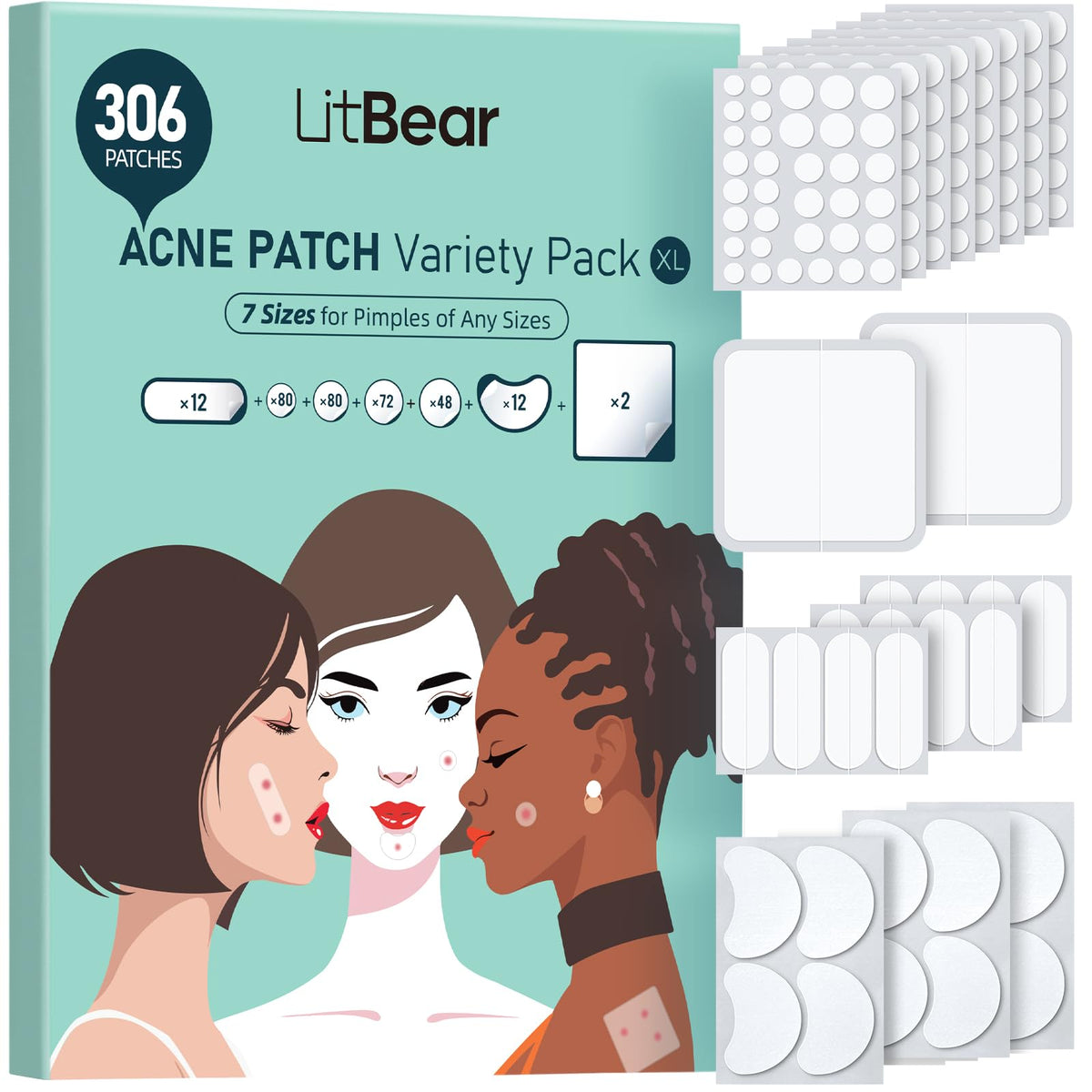 LitBear Large Pimple Patches 306 Counts assorted sizes front view