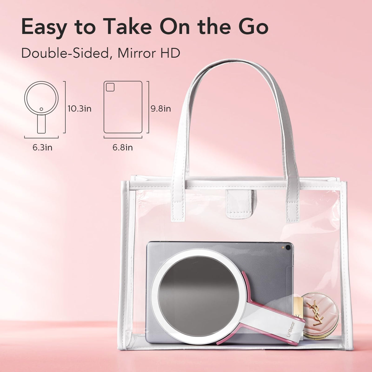 LitBear Travel Makeup Mirror demonstrating dimmable lighting