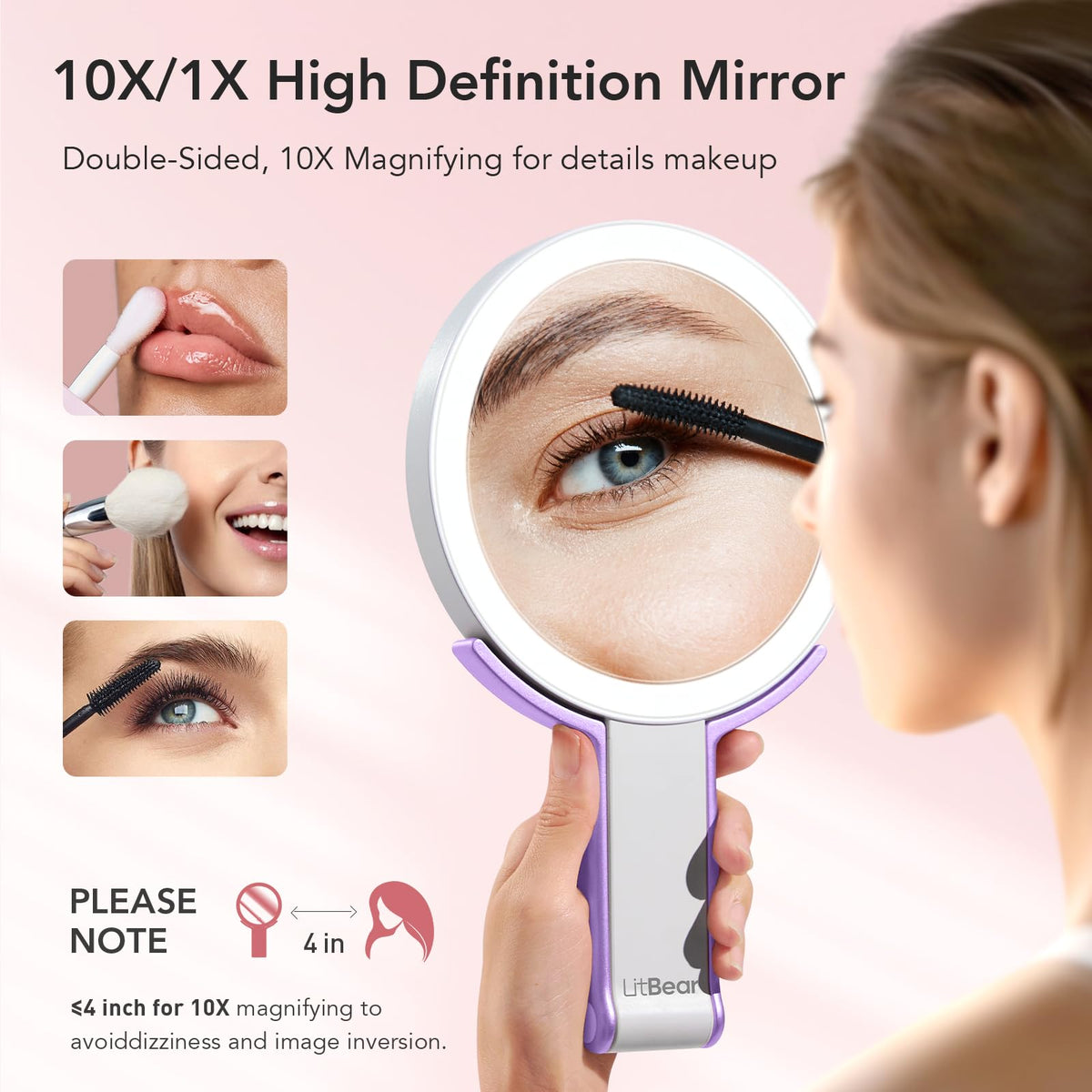 LitBear Travel Makeup Mirror displaying touch control interface