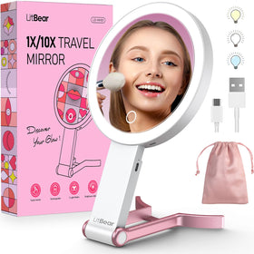 LitBear Travel Makeup Mirror front view with LED lights