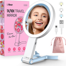 LitBear Travel Makeup Mirror front view with LED lights
