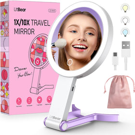 LitBear Travel Makeup Mirror front view with LED lights in purple