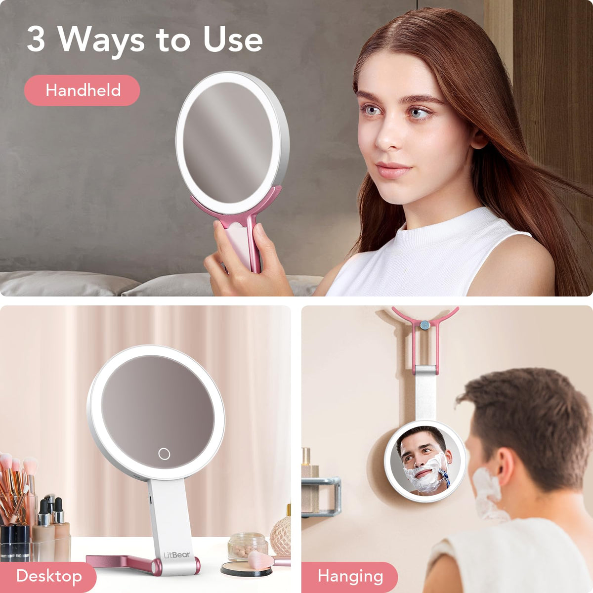 LitBear Travel Makeup Mirror with 1X HD mirror side