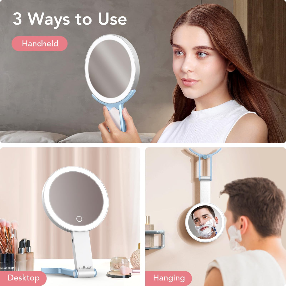 LitBear Travel Makeup Mirror with three lighting options