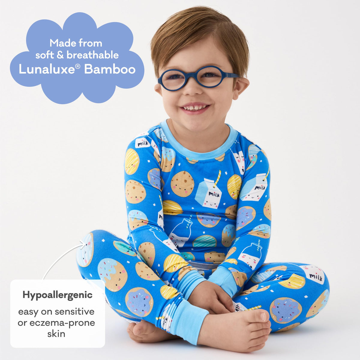 Little Sleepies Kids Pajama Set Blue Cookies & Milk lifestyle scene