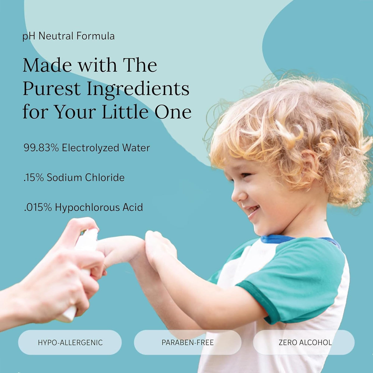 LITTLEY cleanser being sprayed on hands