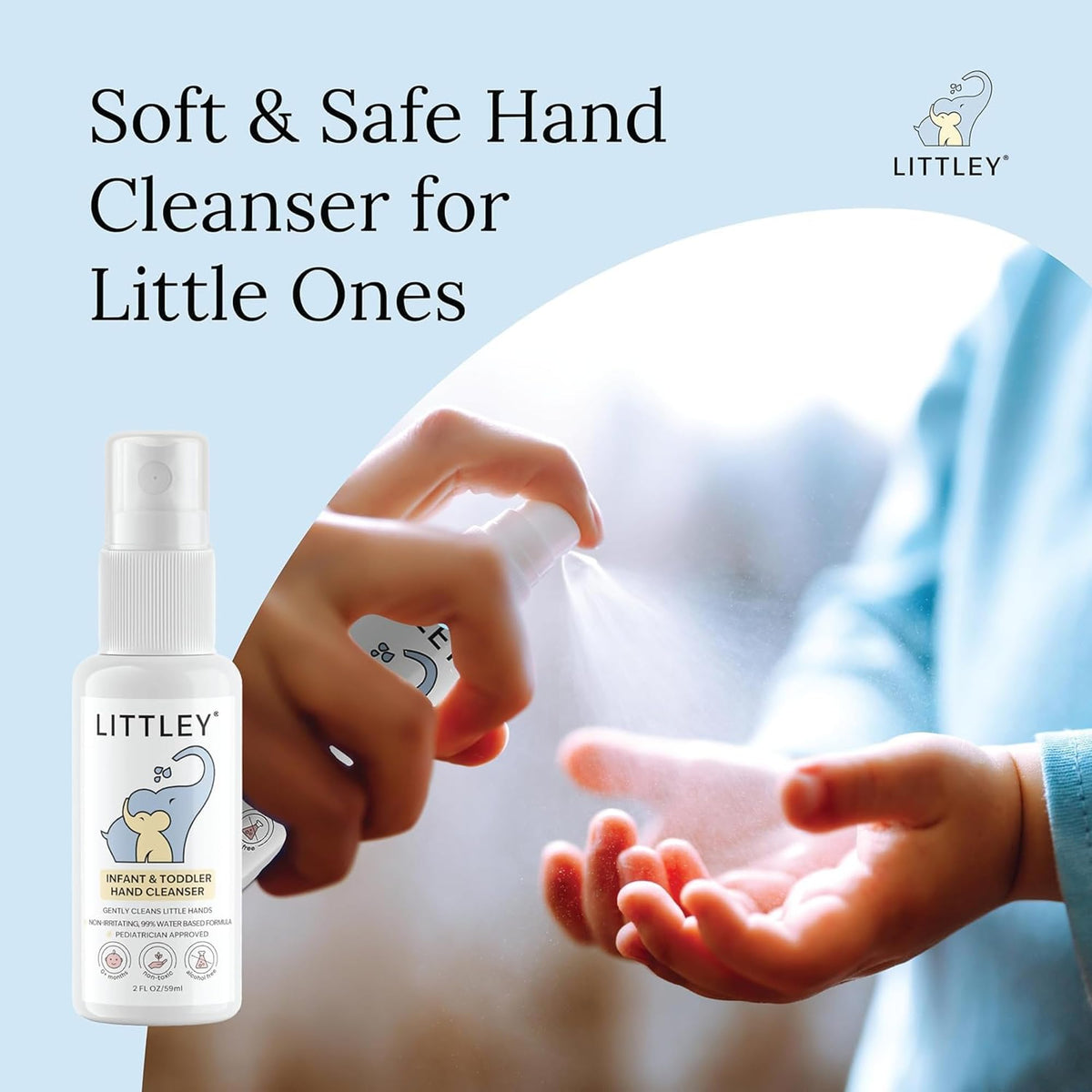 LITTLEY hand cleanser packaging with spray nozzle