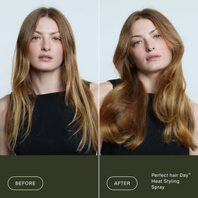 Living Proof Perfect Hair Day Heat Styling Spray displayed on a bathroom counter