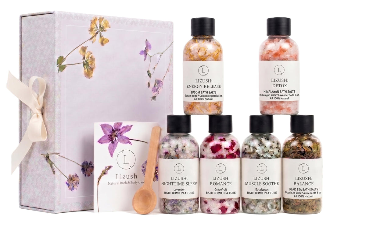 Lizush Bath Salts Gift Set displayed with a relaxing spa setup