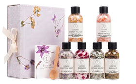 Lizush Bath Salts Gift Set displayed with a relaxing spa setup
