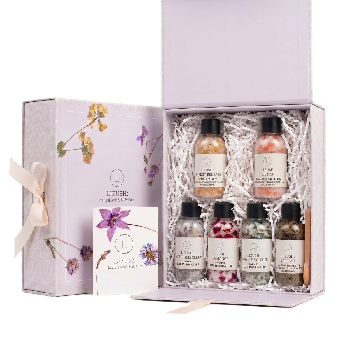 Lizush Bath Salts Gift Set packaging with lavender and eucalyptus