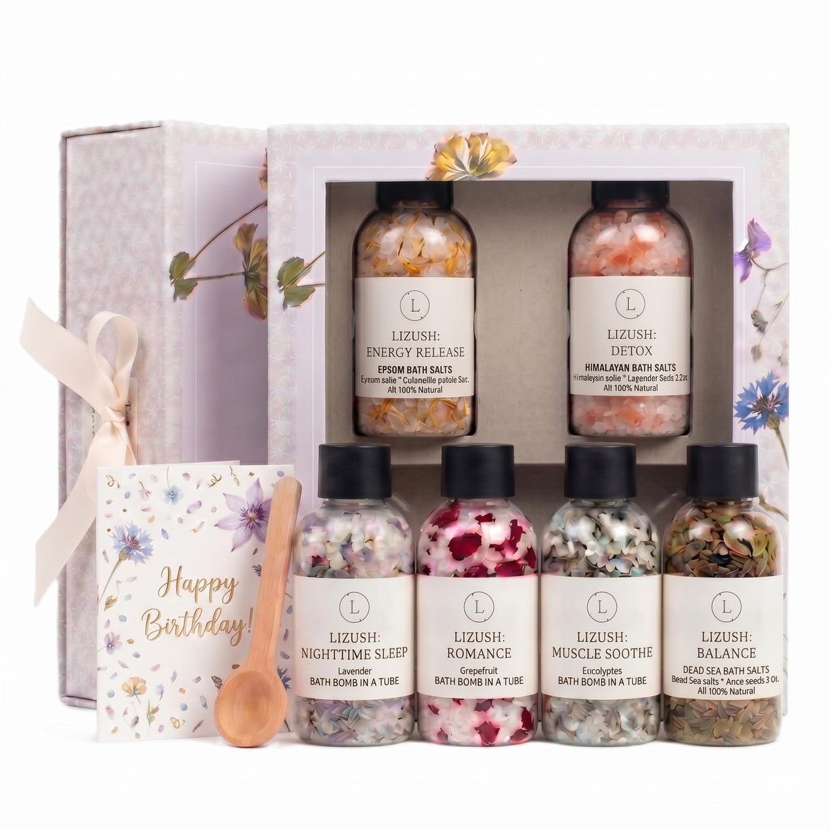 Lizush Bath Salts Gift Set six glass bottles with essential oils