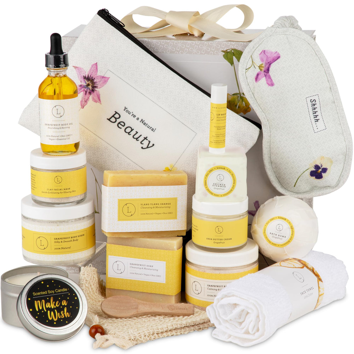 Lizush Citrus Spa Gift Basket front view with 15 pieces