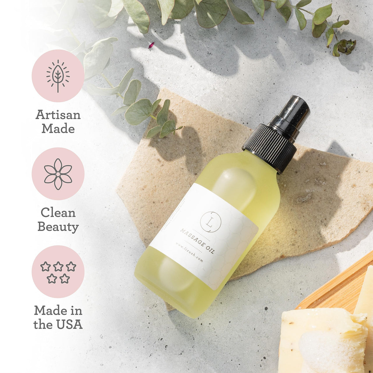 Lizush Eucalyptus Massage Oil in a lifestyle setting